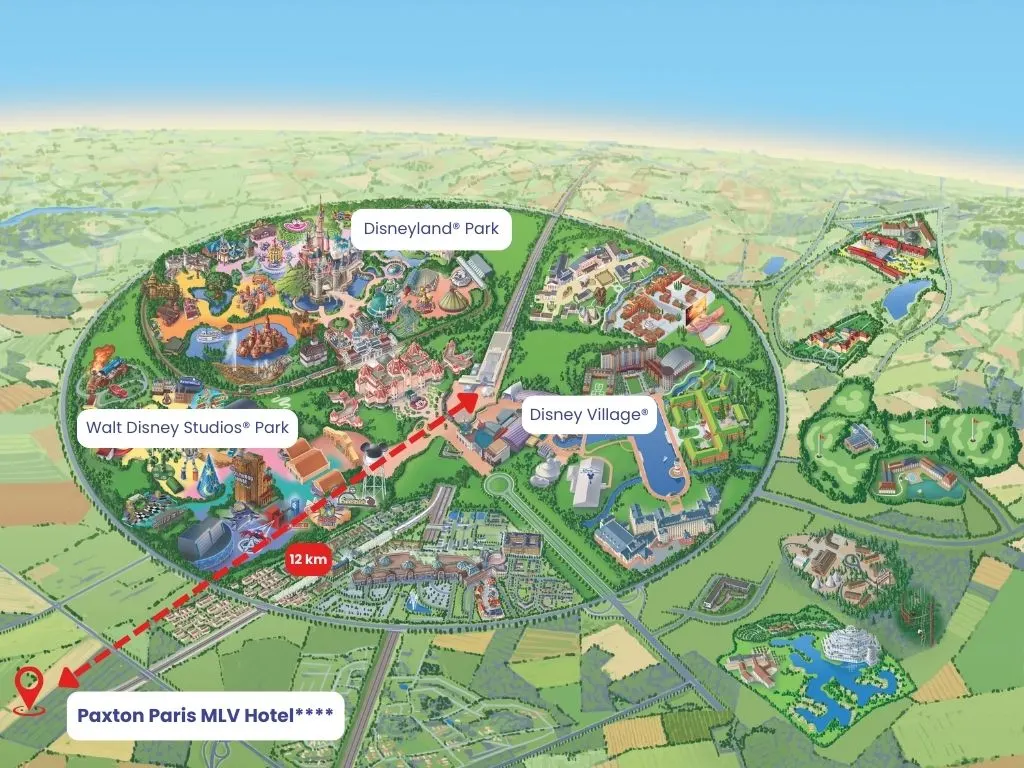 Overzicht van de ligging van Paxton Paris MLV en de afstand tot de Disney parken