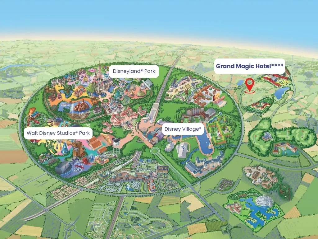 Plattegrond met de ligging van Grand Magic Hotel ten opzichte van Disneyland Park, Walt Disney Studios Park en Disney Village