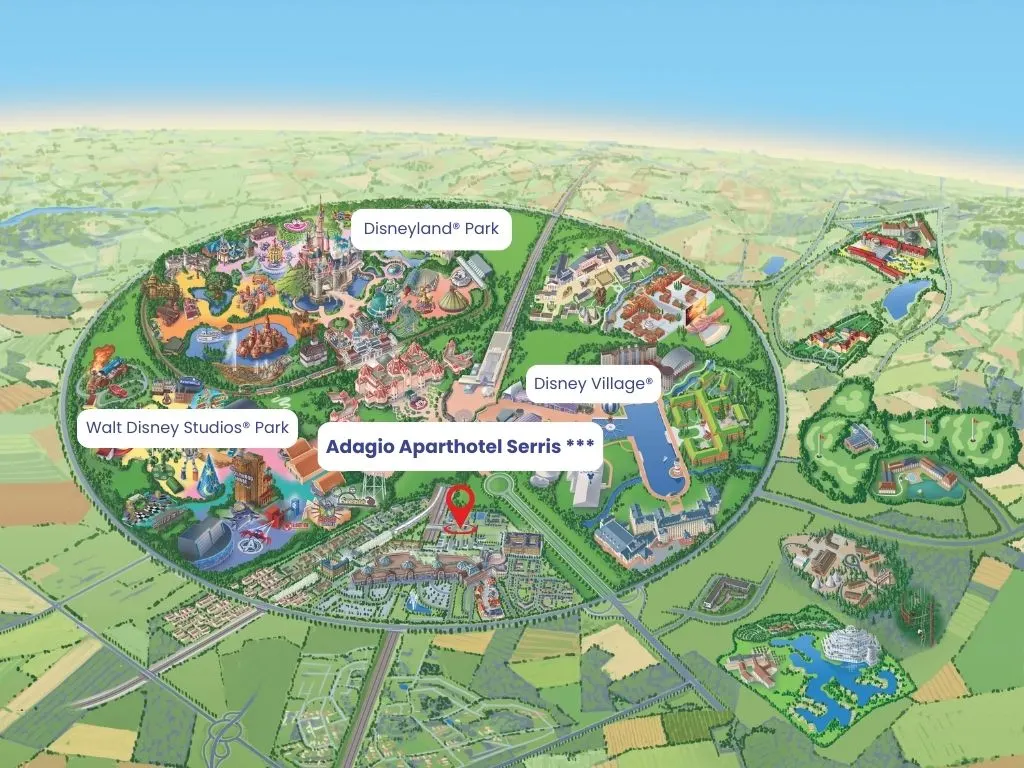 Locatie van Adagio Paris Val d'Europe in Serris ten opzichte van Disneyland Parijs