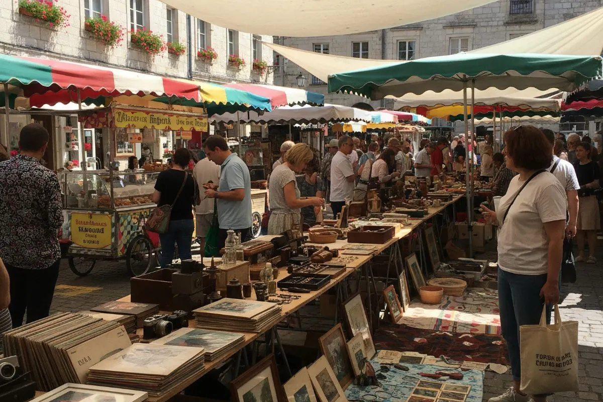 Vintage meubels en brocante in een markthal van de vlooienmarkt van Saint-Ouen